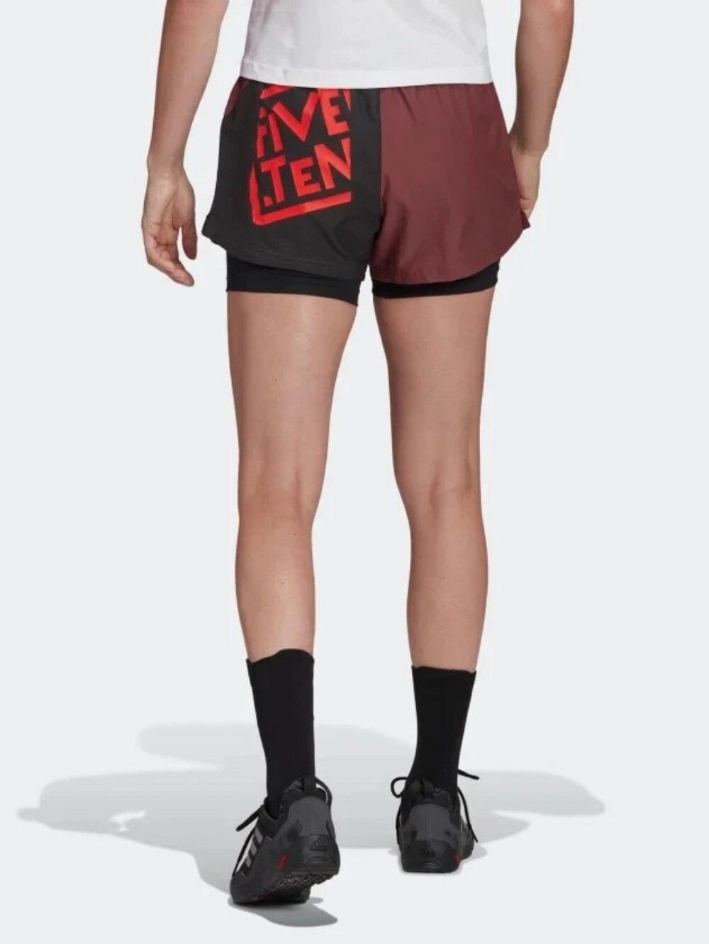adidas Women’s Two-Tone Black and Burgundy Athletic Shorts with Red Logo